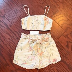 LoveShackFancy Cream Floral Tie-Waist Linen Shorts and Matching Crop Top